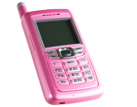 Vintage early 2000s hot pink cell phone with buttons and antenna girly aesthetic PNG