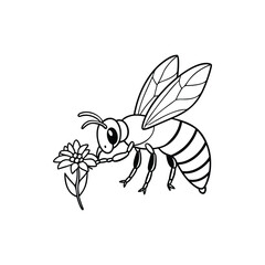 Outlined Illustration of a Bee Collecting Pollen from a Flower on White