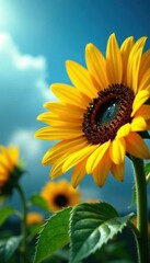 Sunflowers drenched in rain, blue sky reflected in droplets, rain, petals, wet