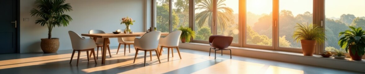 Bright modern dining space Empty table, stylish chairs, ample light , neutral, interior design, furniture