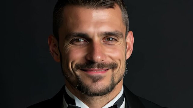 A stylish man dressed in a tuxedo presents a confident smile, embodying elegance and charm against a dark background. Perfect for fashion or lifestyle themes.