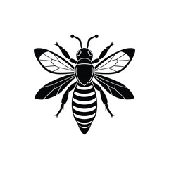 Stylized black and white silhouette of a bee with detailed wings