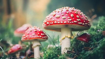 Forest floor mushrooms, vibrant red caps