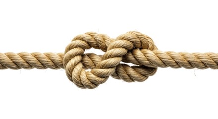 Close-up of a thick, textured rope tied into a figure-eight knot, centered against a stark white backdrop, highlighting its construction