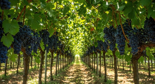 An orchard row of grapevines laden with ripe purple fruit, dappled sunlight filters through the leaves creating a serene vineyard scene