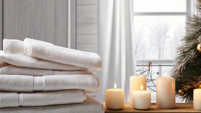 Composition of spa treatment at Christmas time. Empty template with set of towels and candles near Christmas tree. Visiting Spa as gift for Christmas or New Year. Relaxation on winter holidays.