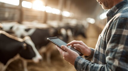 Farmer using tablet while standing among cows in barn
