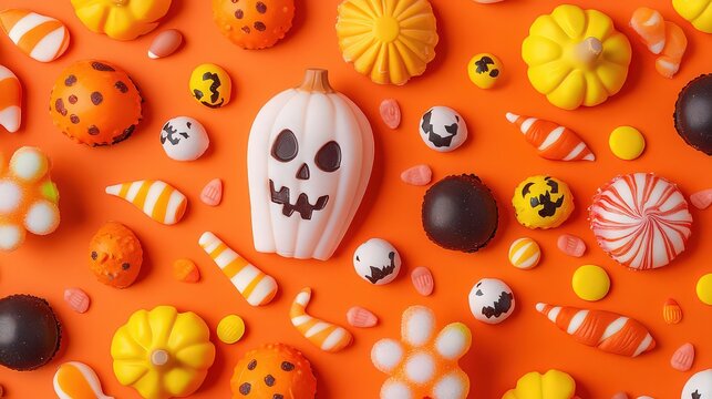 Arrangement of halloween candies and pumpkin shaped treats on an orange colored surface top view