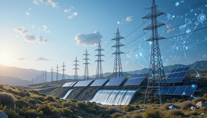 Stunning renewable energy landscape showcases solar panels and power lines with futuristic digital overlay, symbolizing innovation and sustainable power grids in a bright, natural setting.