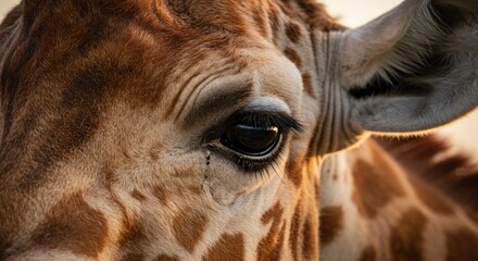 Close-up of a giraffe's eye and surrounding facial features, showing detailed texture of its skin and warm, golden light illuminating the scene. The eye is dark and expressive