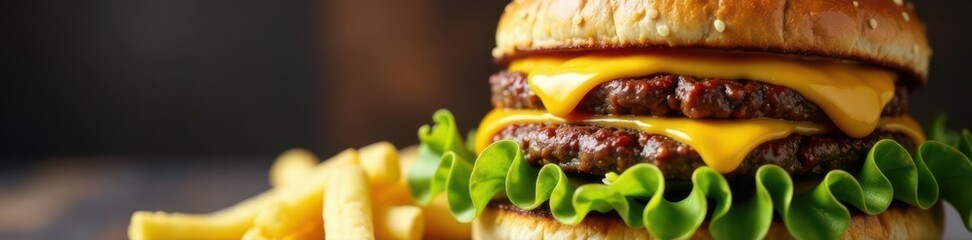 Close-up double cheeseburger, melted cheese, toppings, panoramic composition, double, lettuce