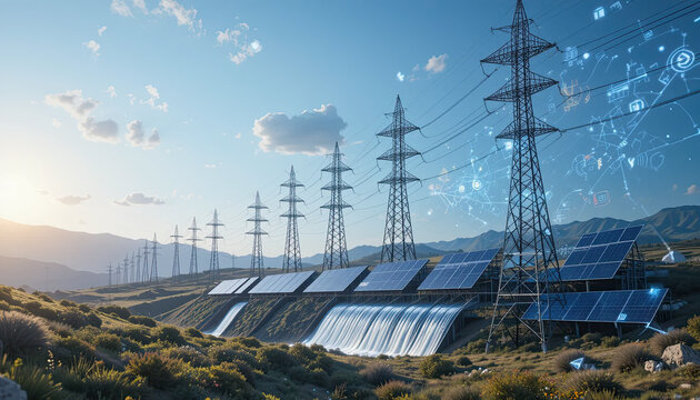 Stunning renewable energy landscape showcases solar panels and power lines with futuristic digital overlay, symbolizing innovation and sustainable power grids in a bright, natural setting. - Powered by Adobe
