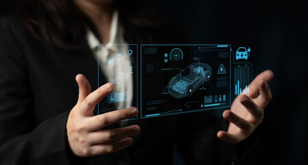 Technical layout of electric vehicle showing battery system, power control, traction motor, charging interface, and integration with renewable and smart energy sources Latch