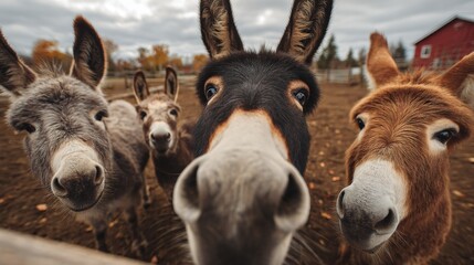 Fototapeta premium Group of donkeys looking curiously at the camera on a farm 