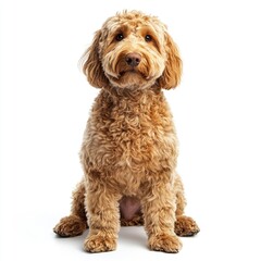 Fototapeta premium An ultra-realistic, full-body photograph of a dog, sitting with its front paws on a white background.