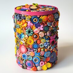 Colorful beaded tin can art piece