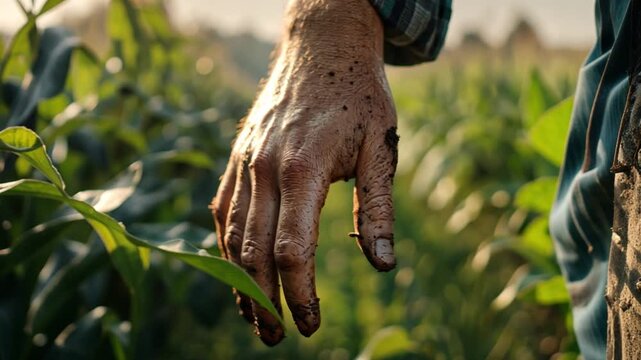 Harvest Hand: An aged farmer's hand rests against flourishing crops, illustrating the grit and dedication of agricultural labor.