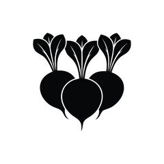 Three beets with green leaves in black and white vector graphic silhouette
