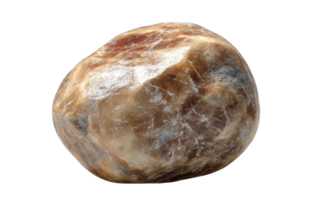 Close-up of a rounded, natural stone.  Its surface exhibits a marbled pattern of light and dark browns