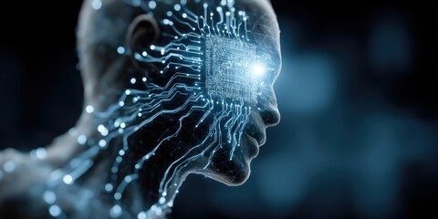 Digital human head, glowing circuits