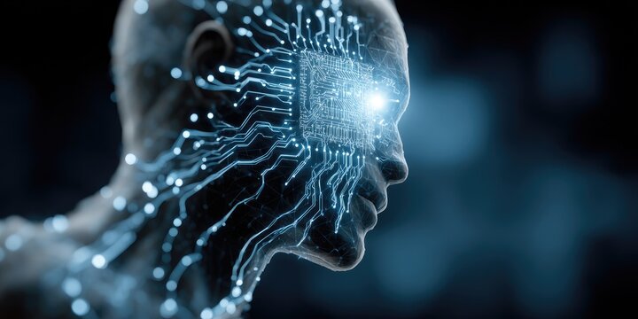 Digital human head, glowing circuits