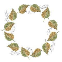 Soft watercolor wreath made of autumn birch leaves in green and brown hues, accented with delicate gray twigs, ideal for invitations, cards, or seasonal decor