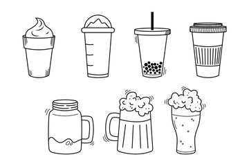 Illustrations of different beverage containers including cups, mugs, and jars shown in a playful hand-drawn style, representing diverse cold and hot drink options, perfect for culinary.