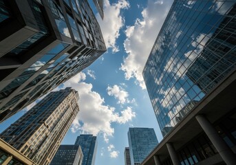 Urban cityscape view from below, modern skyscrapers, city center, sunny day