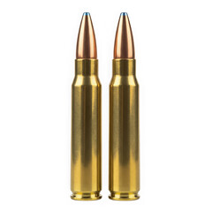 Two rifle cartridges with copperjacketed bullets and brass casings, isolated on a transparent background