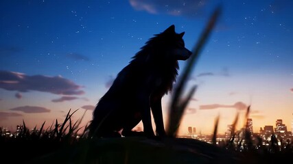 Silhouette of Wolf Sitting on Hill Against Glowing Cityscape at Twilight under Starry Night Sky with Gentle Clouds and Warm City Lights. Serene Urban Landscape and Wildlife Observation