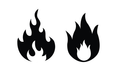 Fire flames vector icon set with burning flame symbols, fireball signs, warning and energy illustrations, outline and flat style collection.
