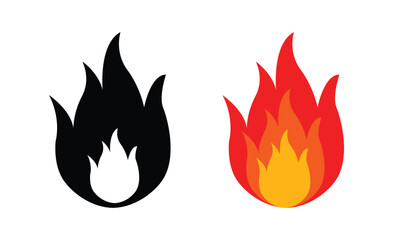 Fire flames vector icon set with burning flame symbols, fireball signs, warning and energy illustrations, outline and flat style collection.
