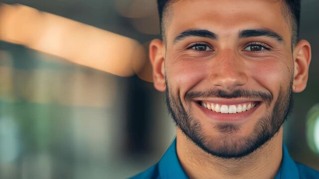 A young man with a warm smile appears in a blue shirt against a softly glowing background. His cheerful expression conveys positivity and confidence, ideal for lifestyle themes.