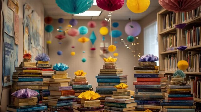 Colorful stacks of books with paper ornaments beneath party decorations