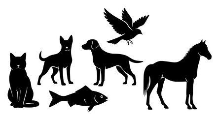 Obraz premium A collection of black animal silhouettes featuring a cat, two dogs, a bird, a fish, and a horse, isolated on a white background.