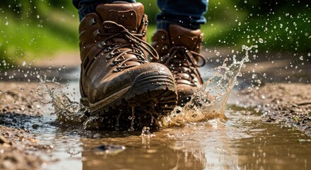 A person strides through a puddle, leather hiking boots causing a splash. Focus on the footwear and water's movement, with blurred background