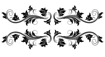 Symmetrical black ornamental scrollwork with acanthus leaves, forming an elegant vintage-style divider or decorative element on a white background.