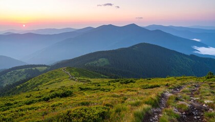Fototapeta premium Mountain landscape with a misty forest and a golden sunrise casting a warm glow over the peaks and valleys