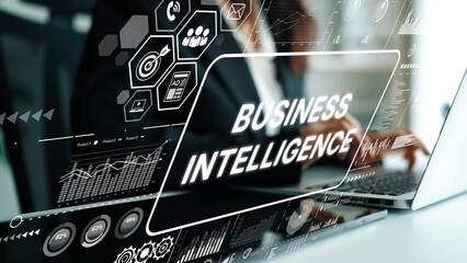 A Business Professional Engaging with Business Intelligence Data on a Modern Computer in a Technologically Advanced Office Environment. Asymptotic smart data analytic.