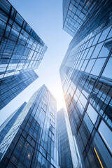 Looking Up At Modern Glass Skyscrapers Against Clear Blue Sky, Sun Highlights The Buildings