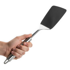 Hand holding a stainless steel spatula, isolated on transparent background