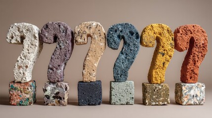 Question marks, various colors, stone-like material