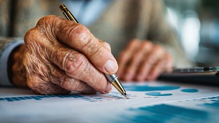 Writing Analysis: A close-up shot reveals an elderly person's hand meticulously analyzing complex data with pen and paper, signifying experience, strategy, and thoughtful consideration. - Powered by Adobe
