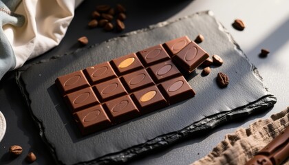 Serene flat lay of artisan chocolate on a dark slate base, with rich brown and gold tones