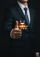 Businessman showing thumbs up with positive feedback graphic, dark background