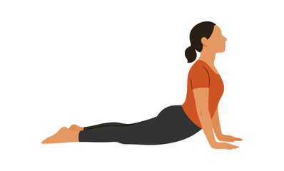 Flat vector of a person in Cobra Pose, hands pressing into floor, chest lifted with a gentle backbend. Minimal detailing, isolated on white for flexibility, therapy and wellness uses.