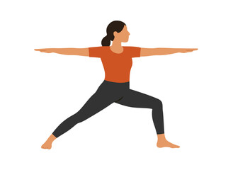 Flat vector of a man in Warrior II, wide stance with arms stretched side to side and steady gaze. Clean minimal illustration, isolated on white for yoga strength and stability themes.