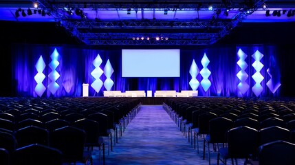 Business conference stage setup large LED screen empty podium rows of chairs ready for audience no humans