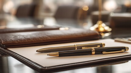 Business contract signing setup two pens official documents leather folders on a polished desk soft focus no people