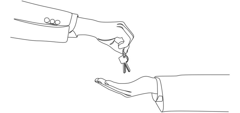 minimalist line art illustration showing one hand giving a set of keys to another hand. The concept represents property transactions, real estate sales, rental agreements, new home ownership